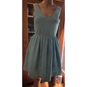 Everly teal White Polka Dot Sleeveless V Neck Gathered Waist Fit Flare Dress S